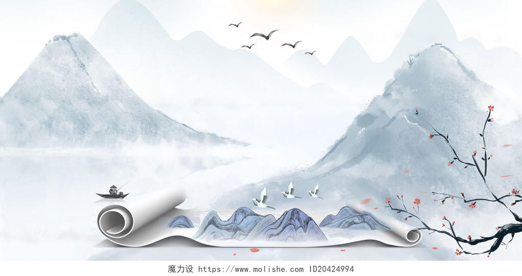 古风中国风卷轴画轴中国风古风水墨山水风景原创插画背景图